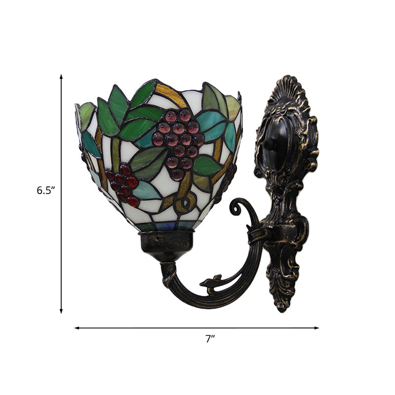 BowLift | Tiffany Bowl Wall Lamp 1 Head Etched Glass Grape Pattern Wall Mount Lamp in Green and White/Black
