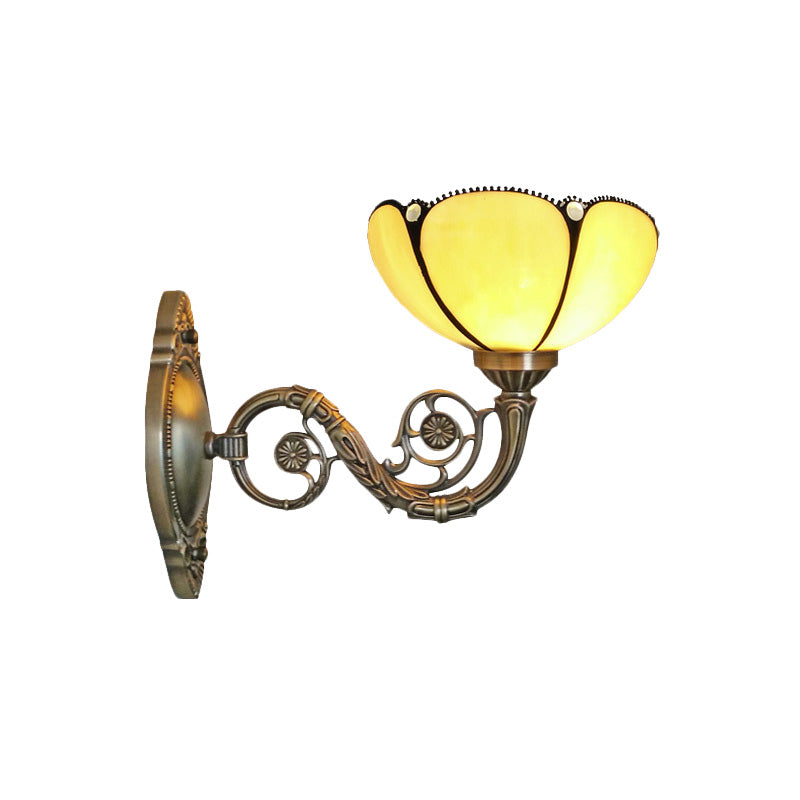 BowLift | Bronze 1 Light Wall Sconce Baroque Beige Colored Glass Fluted Wall Lamp with Curved Arm
