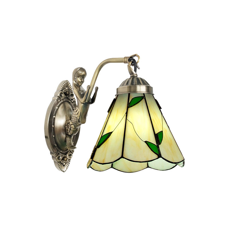 BowLift | 1 Head Cone-shaped Wall Sconces Lighting Mission White/Beige Glass Wall-mounted Light Set with Mermaid Backplate