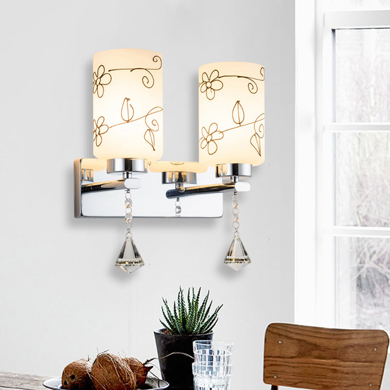 BowLift | White Glass Cylinder Wall Lamp Modern 2 Bulbs Wall Mounted Lighting in Chrome with Flower Pattern