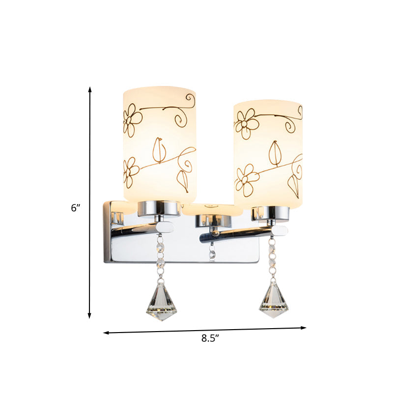 BowLift | White Glass Cylinder Wall Lamp Modern 2 Bulbs Wall Mounted Lighting in Chrome with Flower Pattern