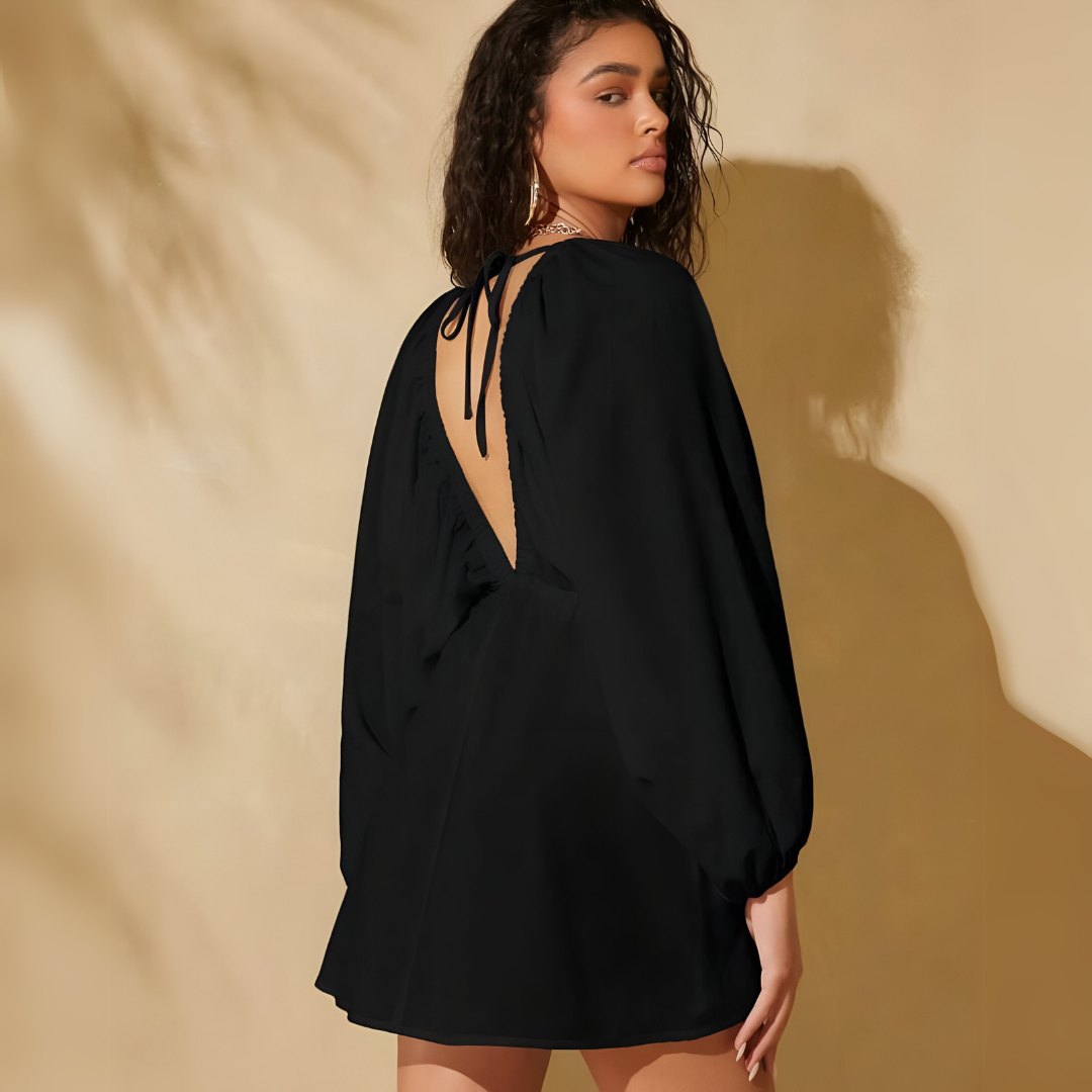 V-Neck Mini Dress with Long Sleeves and Gathered Waist