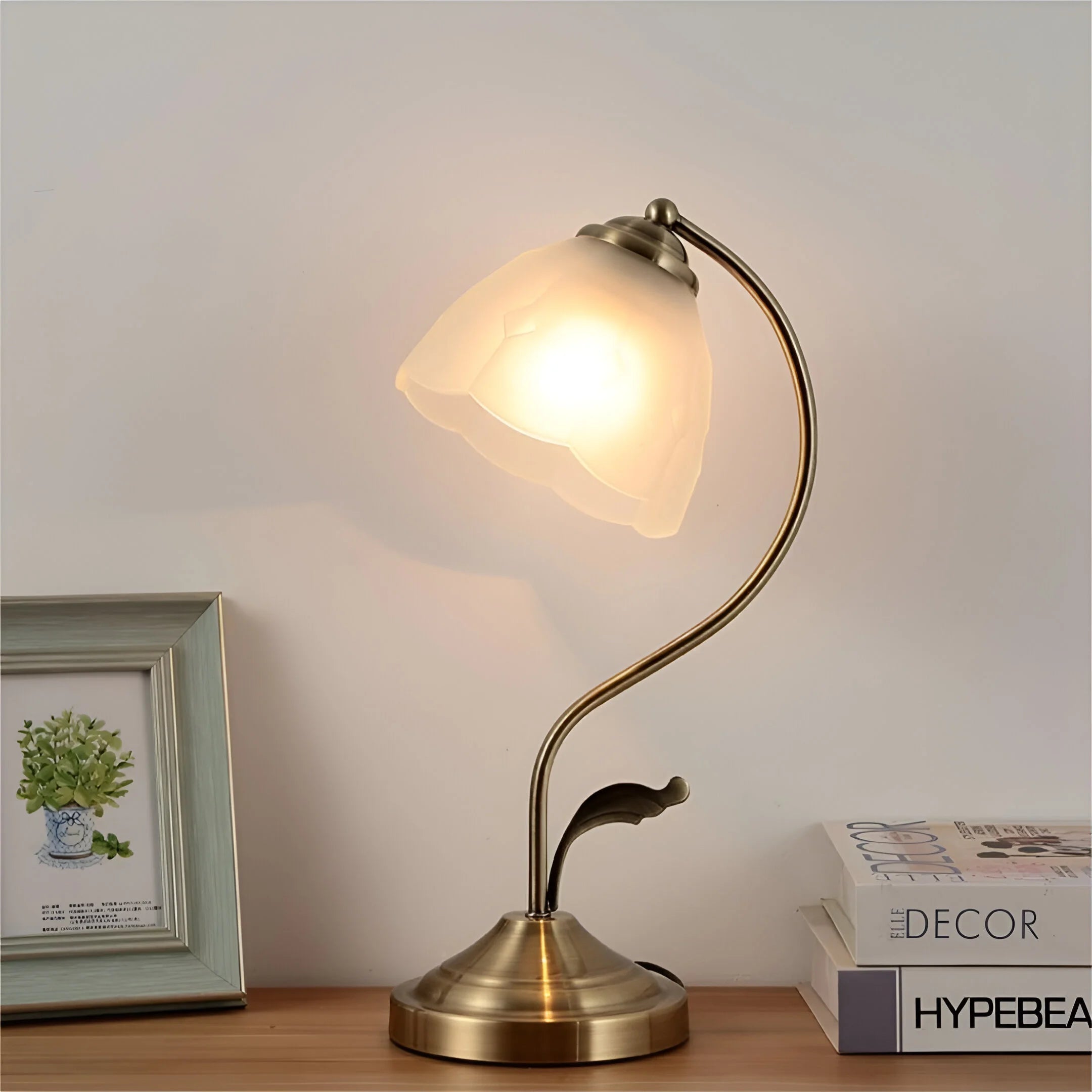 AuroraBloom – Gold Accent Table Lamp with Floral Glass Shade