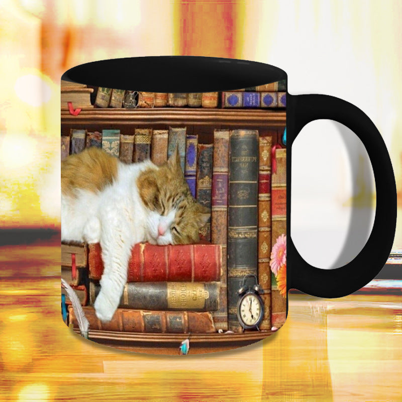 BowLift | Bookshelf Ceramic Coffee Mug - Gift for Cat Book Lovers
