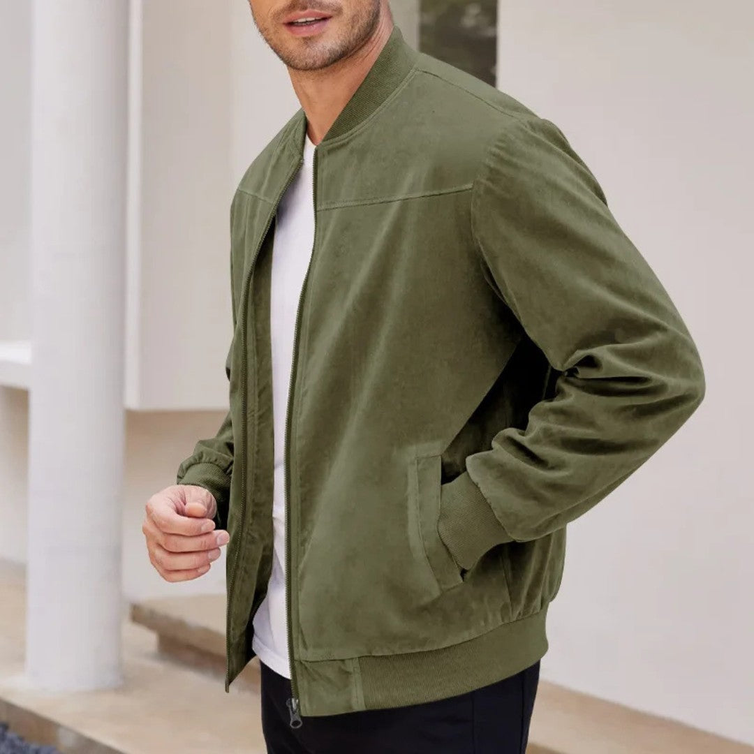 Suede Finish Bomber Jacket with Rib Detail