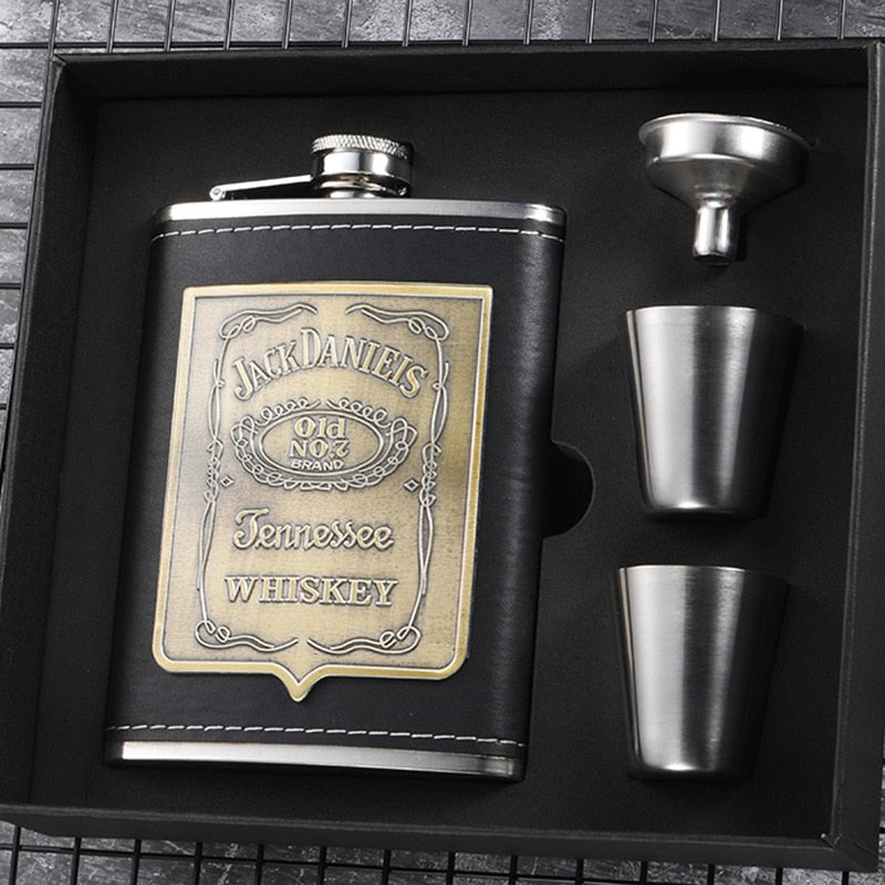 BowLift | 8oz Whisky Bottle made of Stainless Steel Alcohol Funnel Hip Flask Embroidered Golden Silk Fabric Packaging Gift Box Set