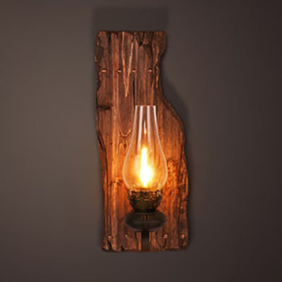 BowLift | Tear-shaped Clear Glass Wall Lamp Industrial Single Bulb Bedroom Wall Lamp with Wooden Backplate
