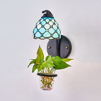 BowLift | Dome Wall Light Tiffany Multicolored Stained Glass 1 Head Red/Orange-Yellow/Blue Wall Mount Light with Plant Decoration