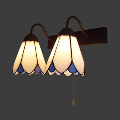 BowLift | White Glass Lily Wall Lamp Tiffany 2 Heads Black Wall Mount Light with Pull Switch