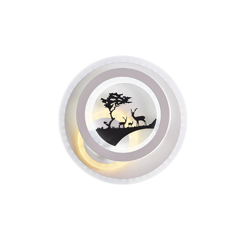BowLift | White circular wall lighting idea simplicity LED acrylic wall lamp with tree and moose decoration for bedroom