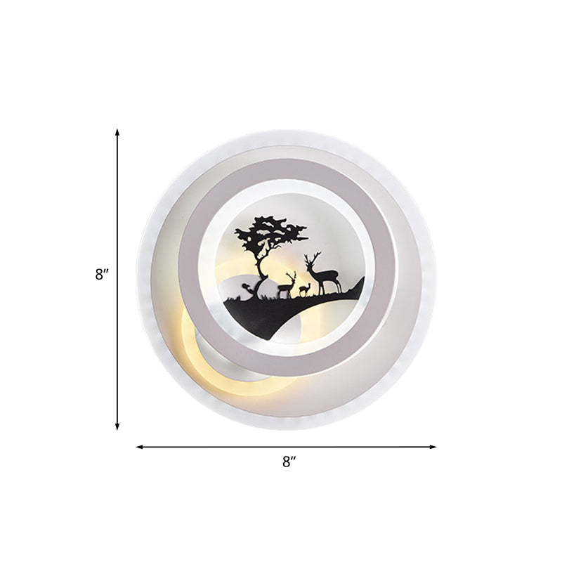 BowLift | White circular wall lighting idea simplicity LED acrylic wall lamp with tree and moose decoration for bedroom