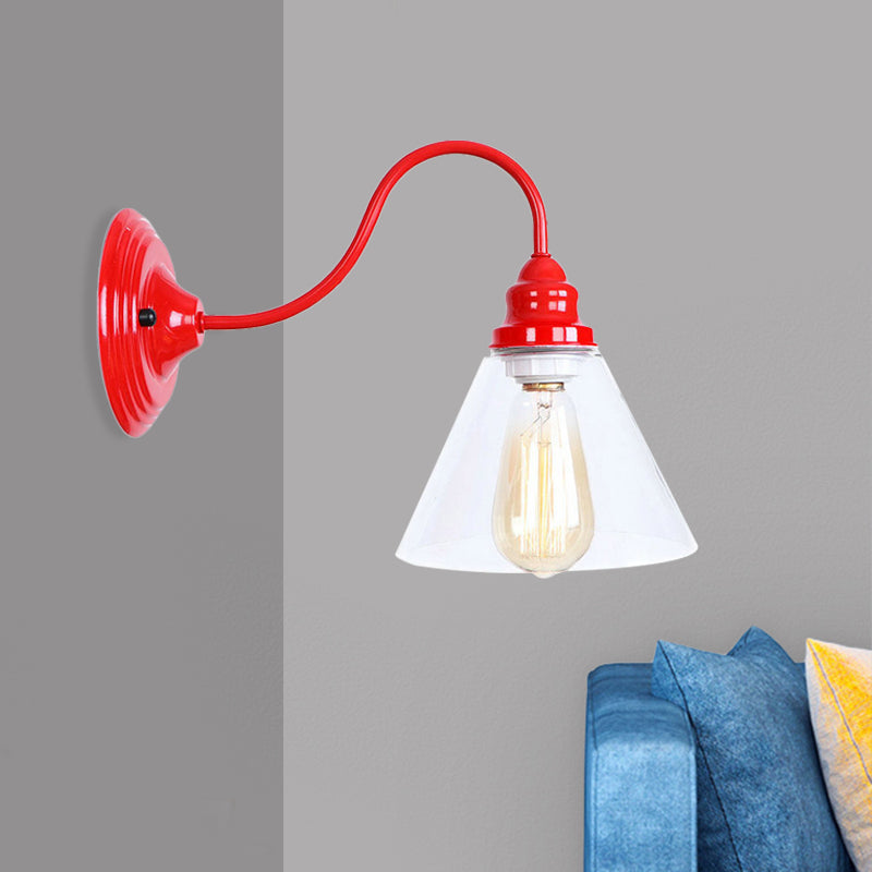 BowLift | A bulb wall lamp with a cone shade made of clear glass, industrial bedroom wall light in red