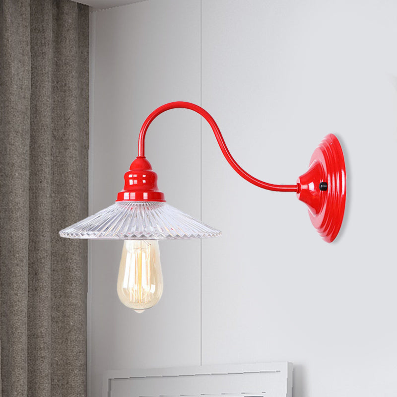 BowLift | Cone Clear Ribbed Glass Wall Lamp Industrial Single Bulb Bedroom Wall Light in Red