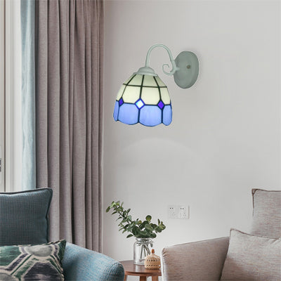 BowLift | Tiffany Lattice White Dome Wall Lamp with Blue Border 1 Light Art Glass Wall Lamp for Restaurant