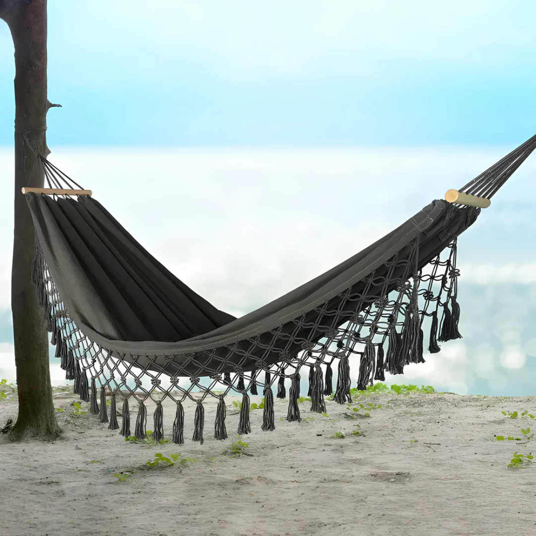 BowLift | Boho Cotton Hammock with Wooden Bars for Indoor Outdoor Use