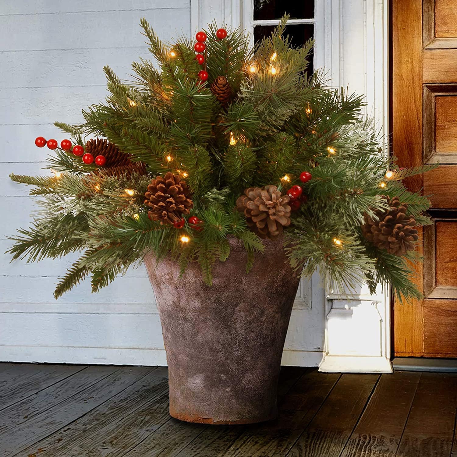 BowLift | Christmas Urn Filler with LED Lights | 18" Realistic Pine Arrangement | Indoor/Outdoor Decor