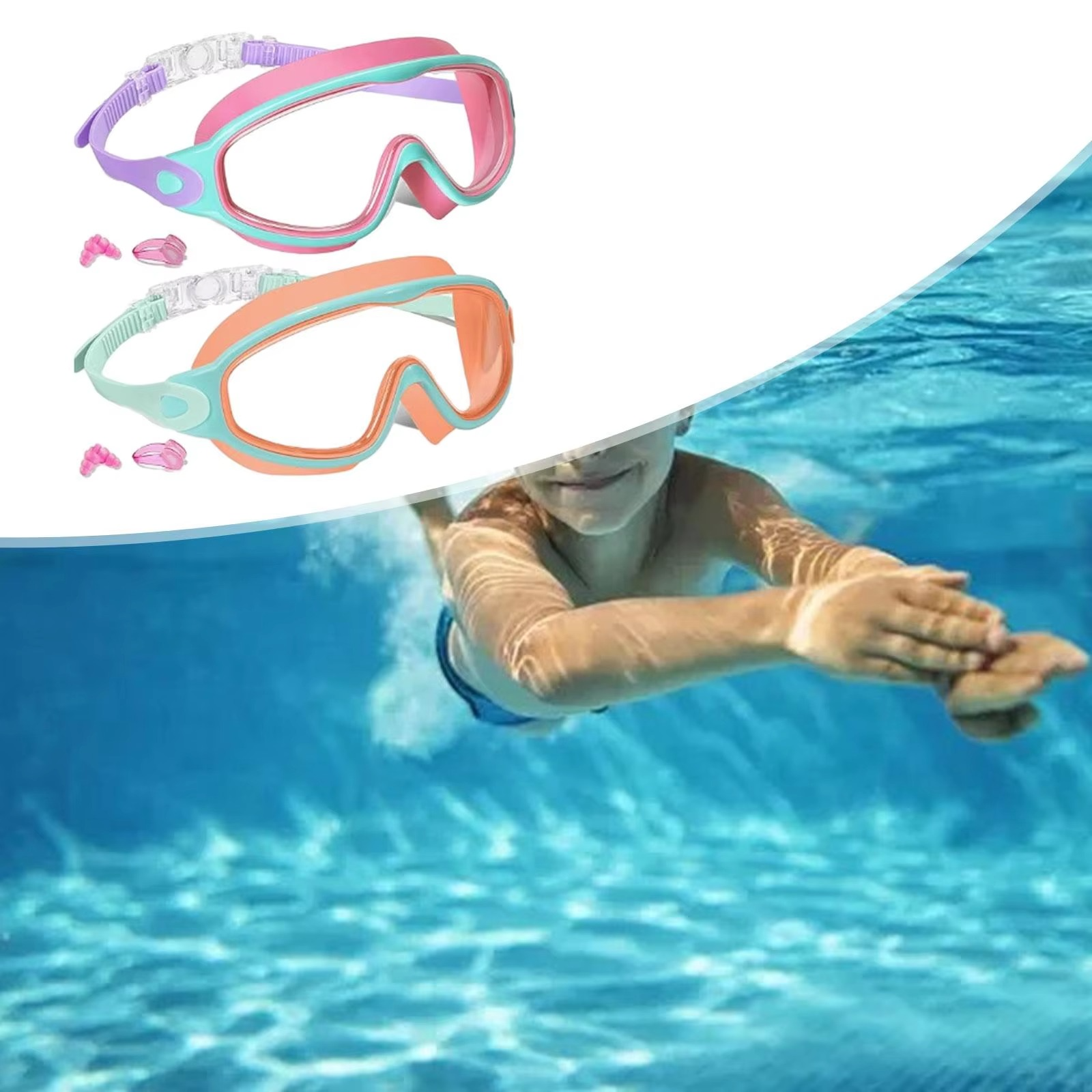 BowLift | Swimming Goggles - No-Leak Panoramic View Swim Mask for Kids with Nose Clips & Earplugs