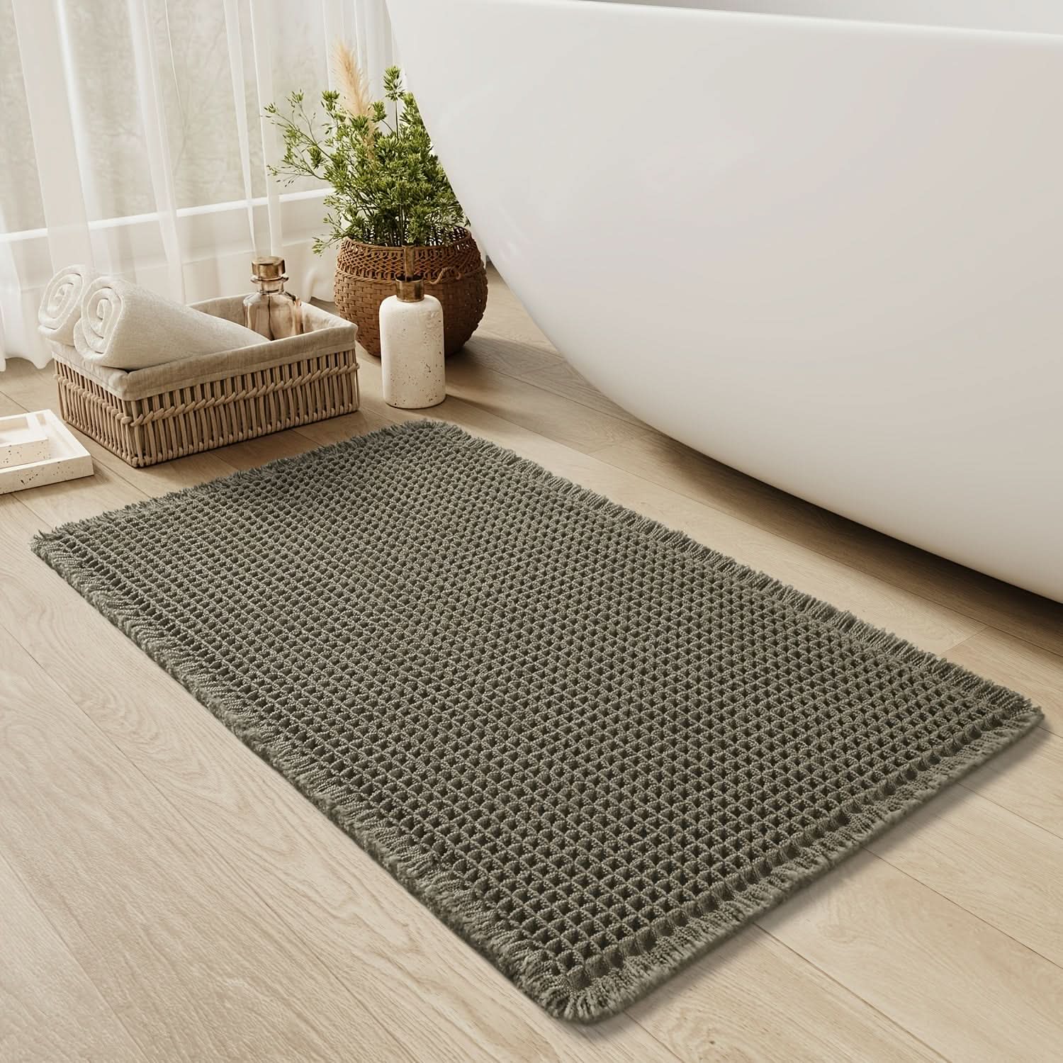 BowLift | AbsorbEase | Waffle Bath Mat with Fringes – Quick-Dry & Non-Slip