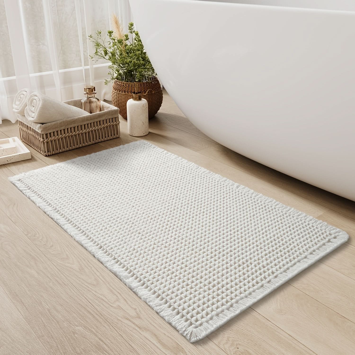 BowLift | AbsorbEase | Waffle Bath Mat with Fringes – Quick-Dry & Non-Slip