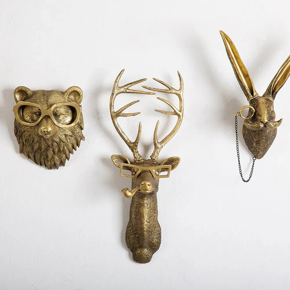 BowLift | Antique Bronze Resin Animal Pendant Golden Deer Head Wall Storage Hook Background Wall Accessories Decorative Figures