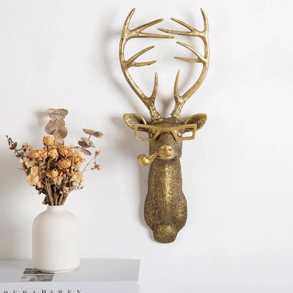 BowLift | Antique Bronze Resin Animal Pendant Golden Deer Head Wall Storage Hook Background Wall Accessories Decorative Figures