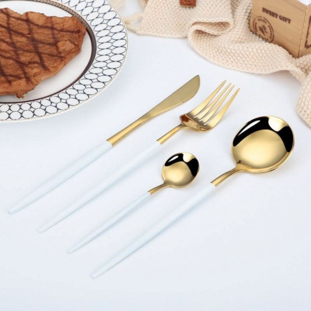 BowLift | Gold Stainless Steel Cutlery Set with White Handles