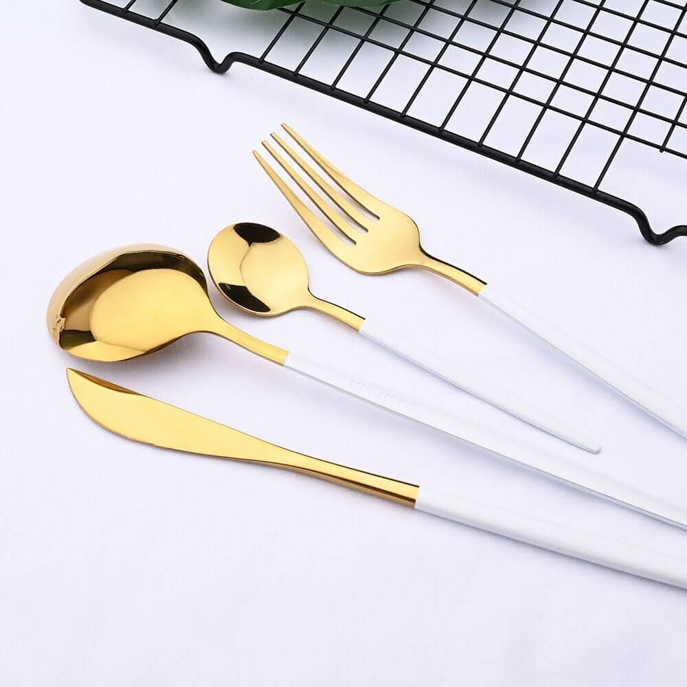 BowLift | Gold Stainless Steel Cutlery Set with White Handles