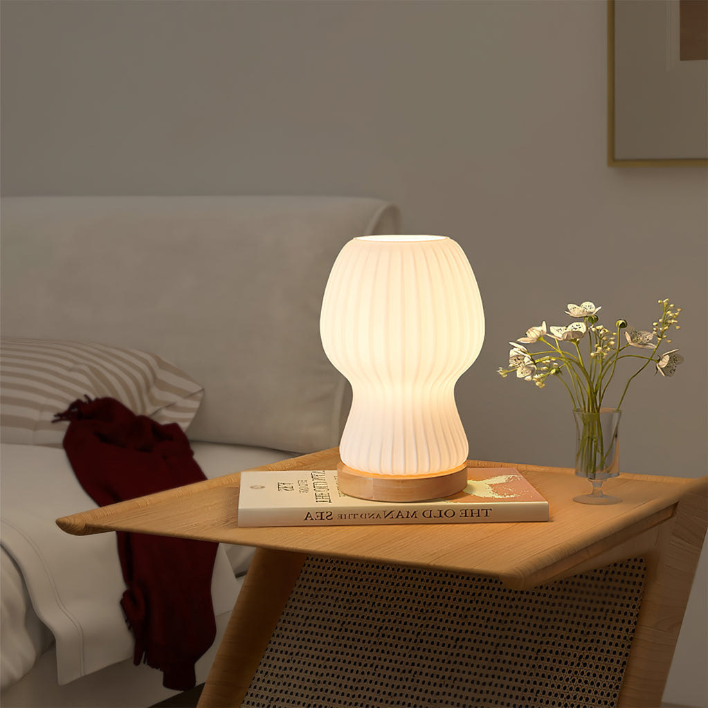BowLift | GlowBeam – Folded Glass Table Lamp with Wooden Accent