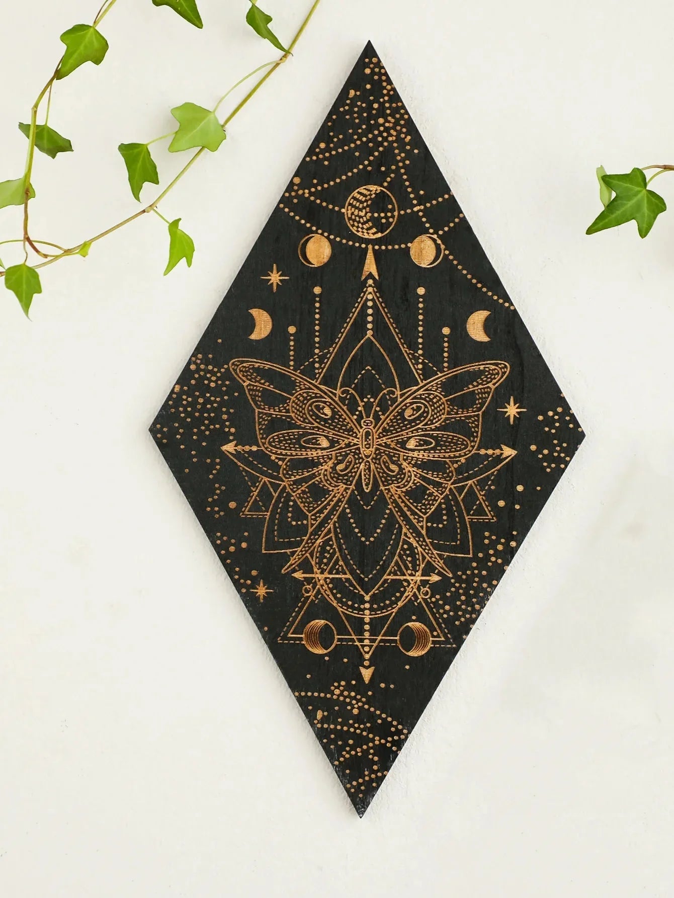 BowLift | Black Moon Phases Wooden Wall Decoration Rhombus Wall Art Boho Home Decor Witch Tapestry Decoration Room Decor Aesthetic Gift