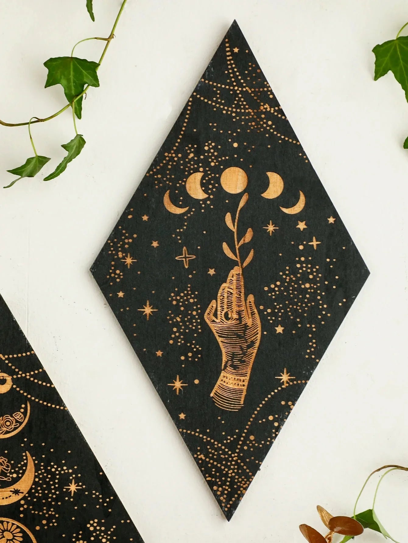 BowLift | Black Moon Phases Wooden Wall Decoration Rhombus Wall Art Boho Home Decor Witch Tapestry Decoration Room Decor Aesthetic Gift