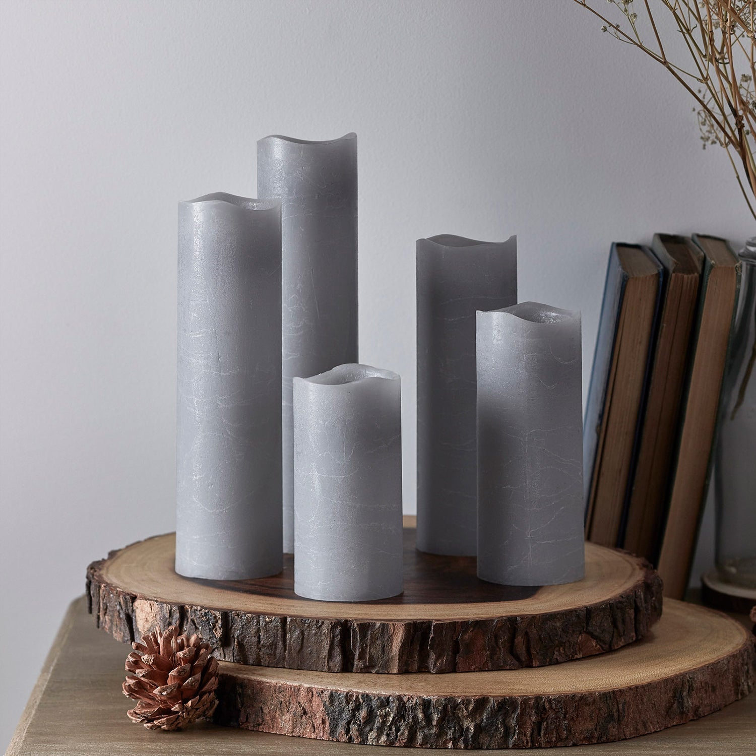 BowLift | 5-piece set pillar candles gray with remote control