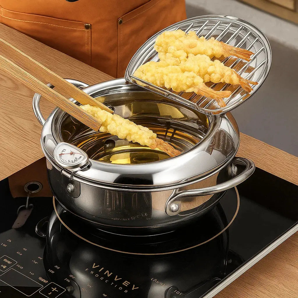 BowLift | Stainless Steel Frying Pan with Thermometer & Draining Rack