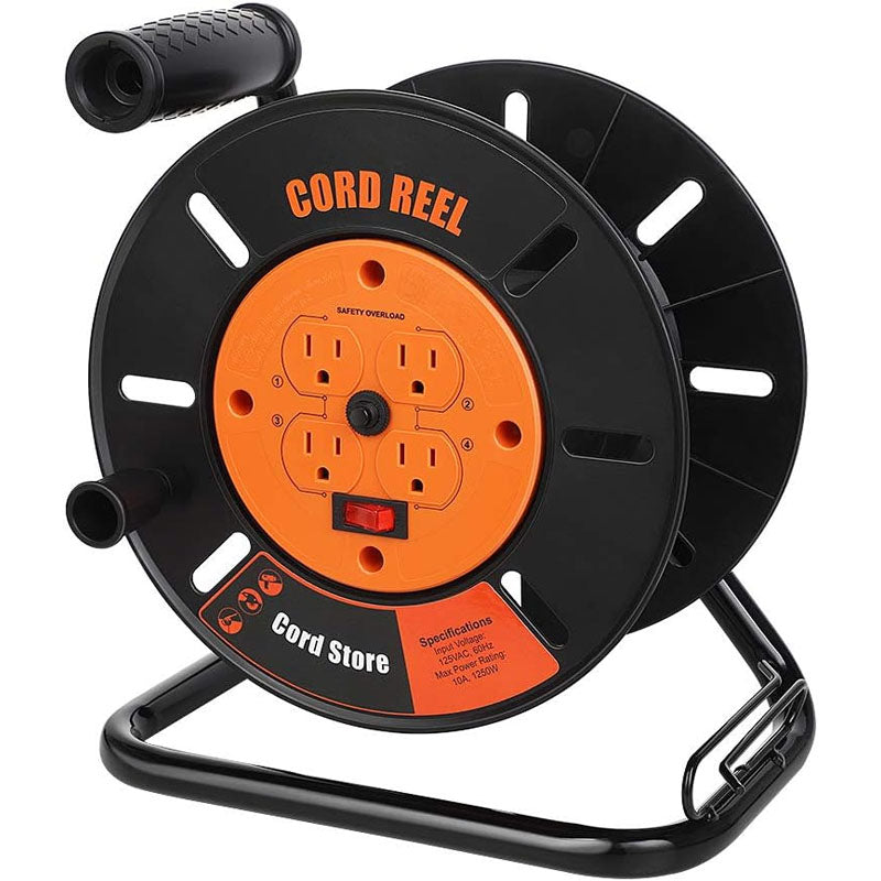 BowLift | 100FT Extension Cord Reel with 4-Grounded Outlets and Wind Retractable 10A Circuit Breaker