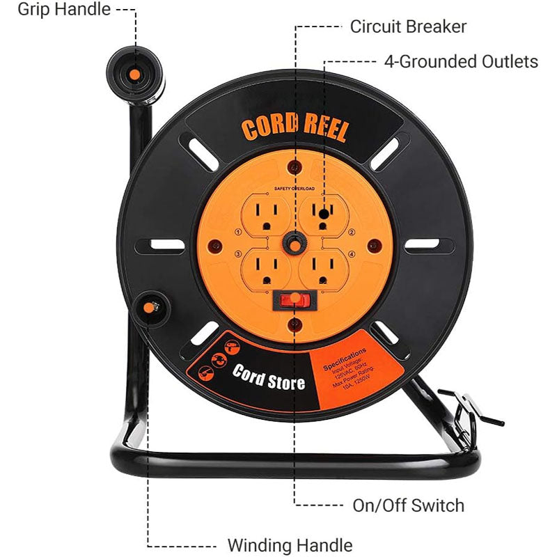 BowLift | 100FT Extension Cord Reel with 4-Grounded Outlets and Wind Retractable 10A Circuit Breaker