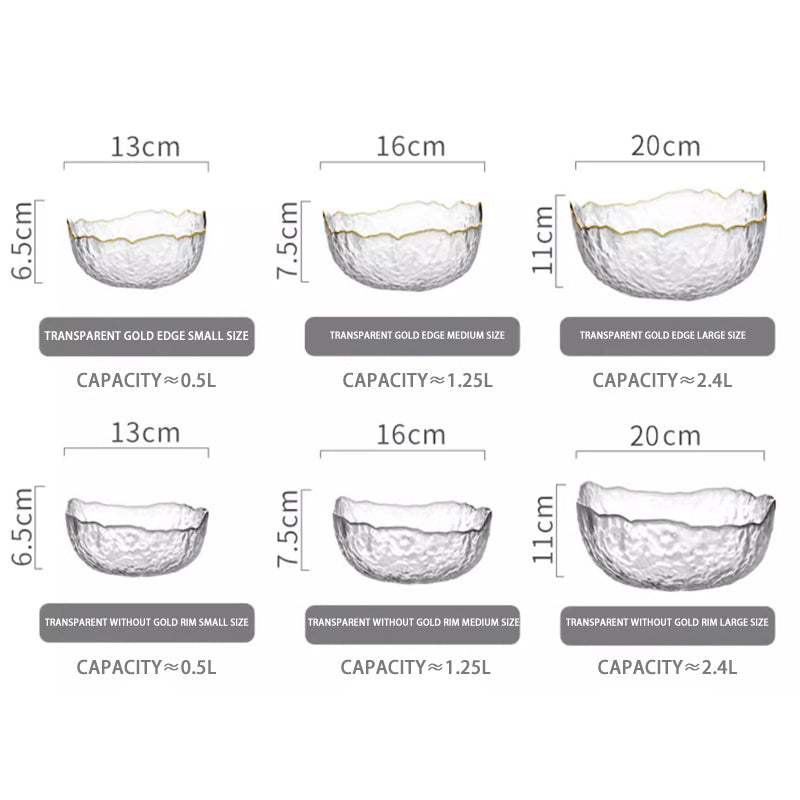 BowLift | Thickened Hammered Gold-Rimmed Glass Salad Bowl, Transparent Tableware Set, Dessert Bowl, Living Room And Home