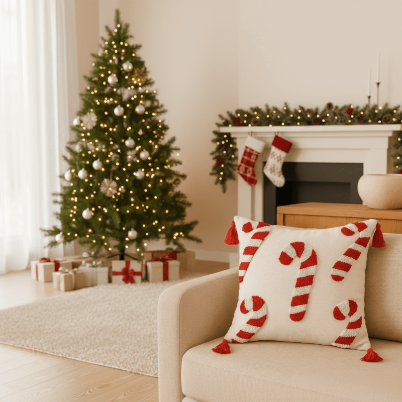 BowLift | Festive Christmas pillow cover with candy cane motif and soft polyester fabric