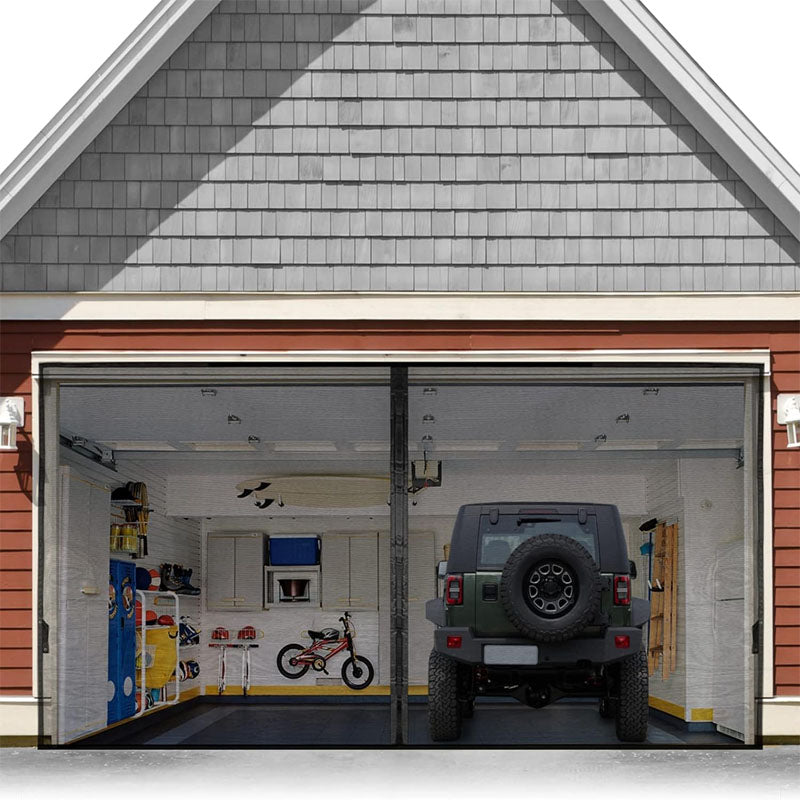 BowLift | Garage Door Screen 18 x 7 ft for 2 Cars Magnetic Screen Garage with Retractable Fiberglass Mesh and Heavy Duty Weighted Bottom