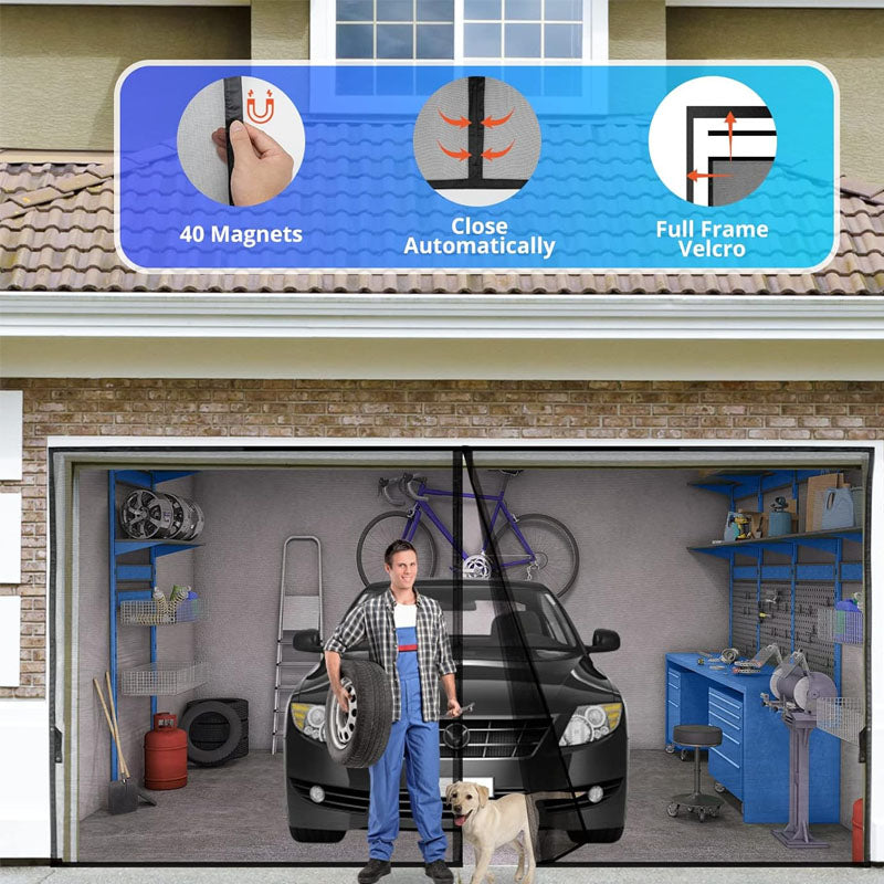 BowLift | Garage Door Screen 18 x 7 ft for 2 Cars Magnetic Screen Garage with Retractable Fiberglass Mesh and Heavy Duty Weighted Bottom
