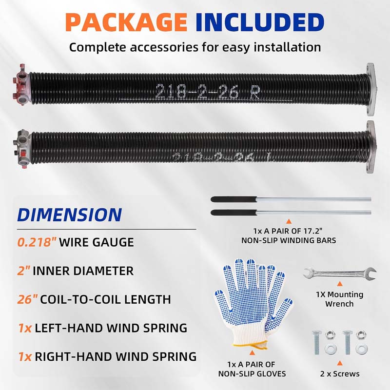 BowLift | Garage Door Springs & Wires Pair of 0.218 x 2 x 26 inch with Non-Slip Winding Bars & Gloves 18,000 Cycles