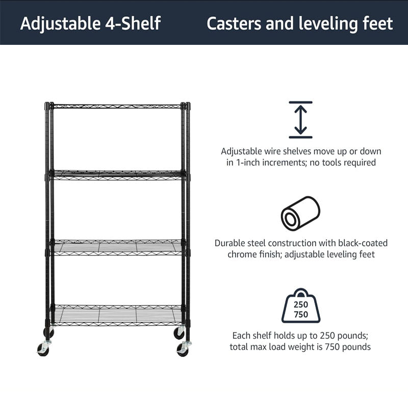 BowLift | Garage Storage Rack 4-Tier Adjustable  3'' Wheel Casters Metal Organizer Wire Rack for Kitchen Pantry Basement Bathroom