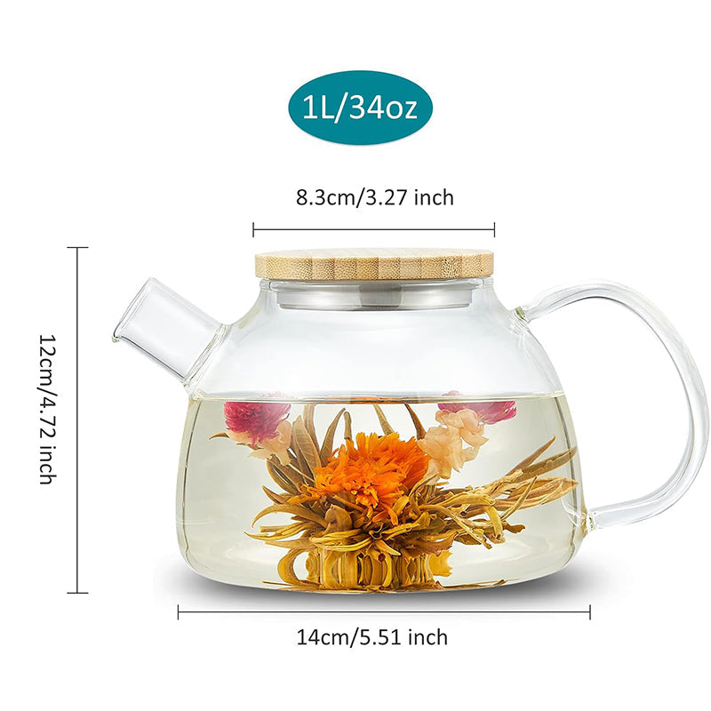 BowLift | 1000ml Glass Teapot Glass Tea Kettle with Removable Clear Filter,Stovetop Ideal Tea Set for Blooming Flower Tea