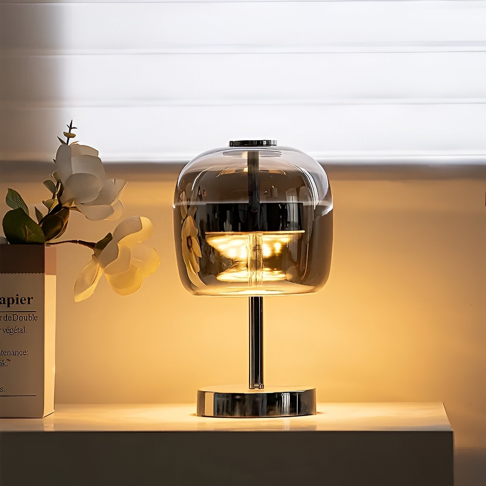 BowLift | Gleam Glass Table Lamp – Smoky Grey USB-Powered Dimmable LED Light for Bedroom & Desk