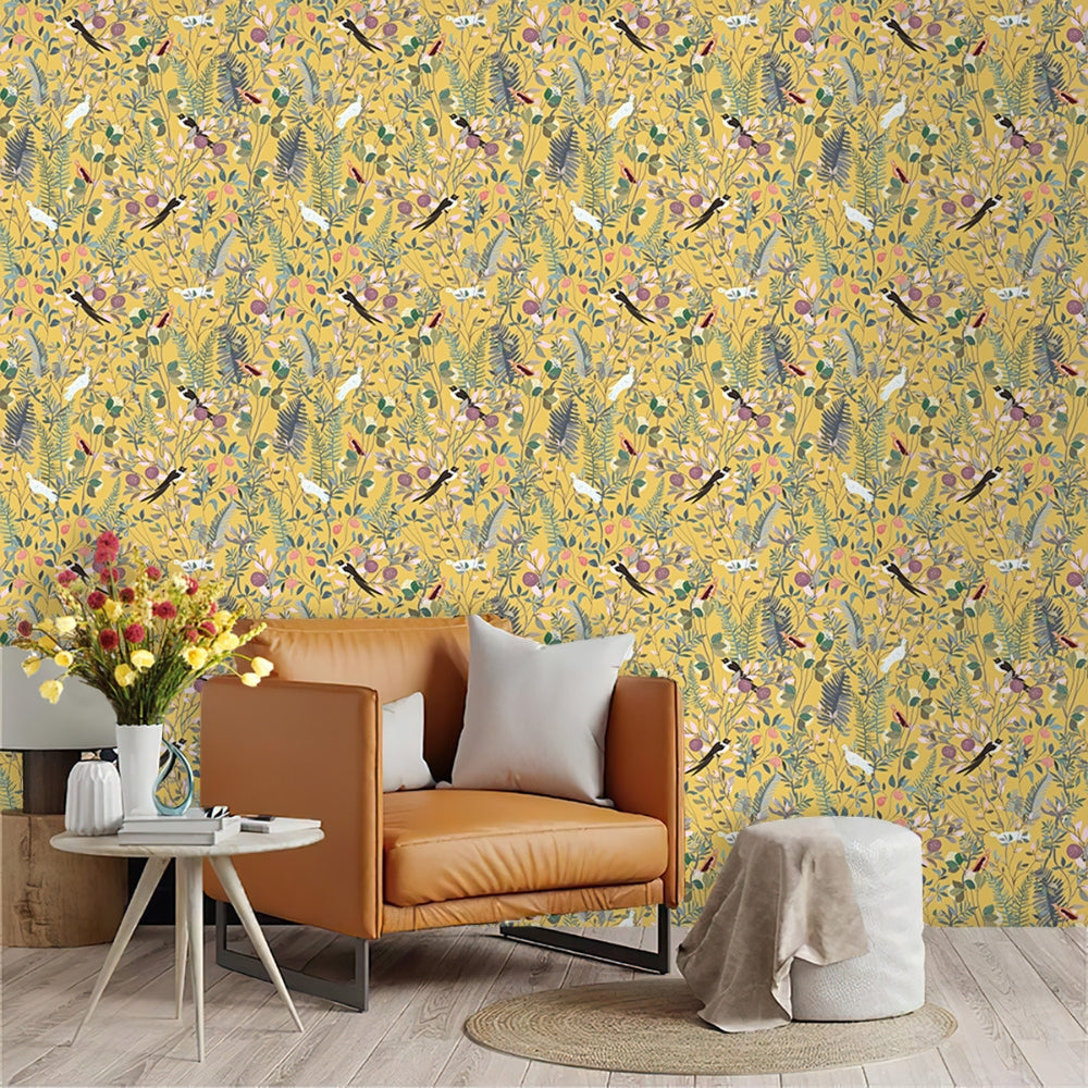 BowLift | Golden Canopy Bird and Leaf Peelable Wallpaper