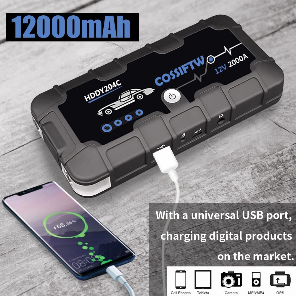 BowLift | 2000A UltraSafe 12V Car Jump Starter – Portable Battery Booster Pack with USB Charger & LED Flashlight – Up to 6.0L Petrol / 3.0L Diesel Engines