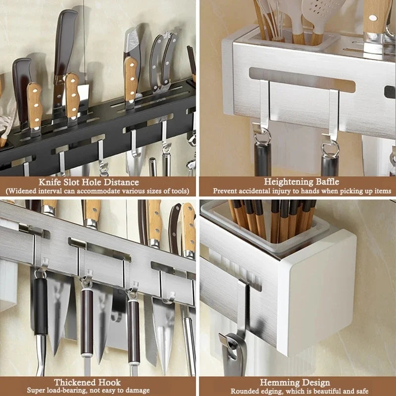 BowLift | Organize Your Kitchen: Stainless Steel Wall-Mounted Knife Holder Shelf - Nail-Free Storage Shelf with Hooks for Cutlery - Cabinet Organizer for a Tidy Kitchen