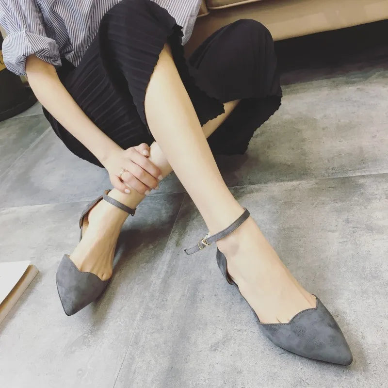 BowLift | Women's Buckle Straps Low Heels Pumps Pointed Toe Flock D'Orsay Heels Shoes Single Shoe Blue
