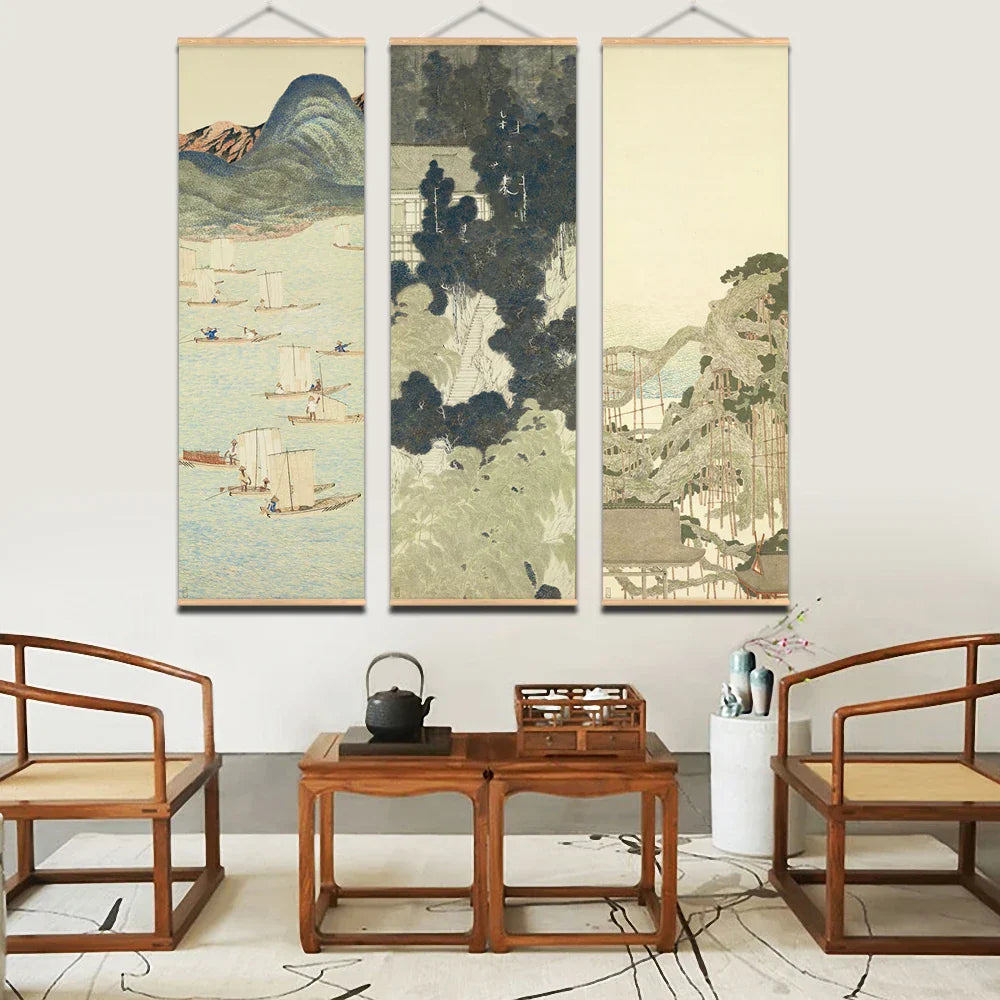 BowLift | Japanese Ou-Mi Ukiyoe Scroll Print Poster Landscape Wall Art Pictures Living Room Vintage Painting Farmhouse Home Decor