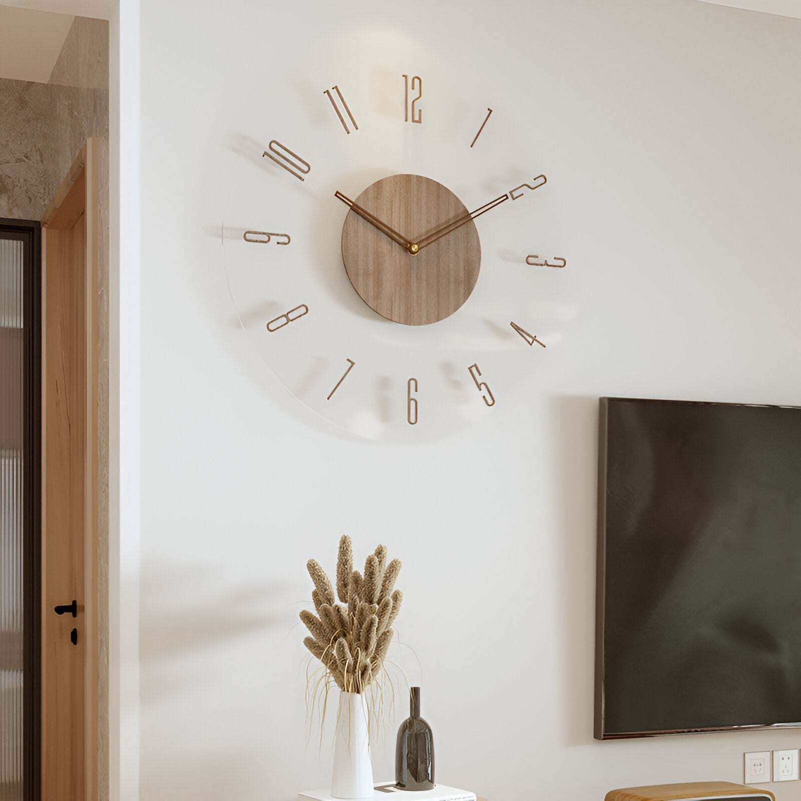 BowLift | ClearWood Transparent Wall Clock – Silent Quartz with Wooden Details