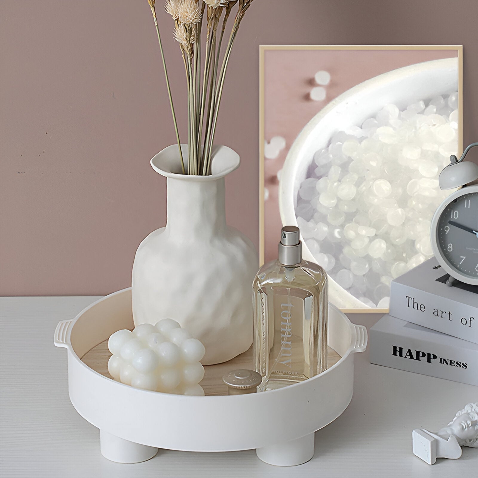 BowLift | Round Serving Tray - Decorative Tray Made of Wood - White Tray Made of Ceramic