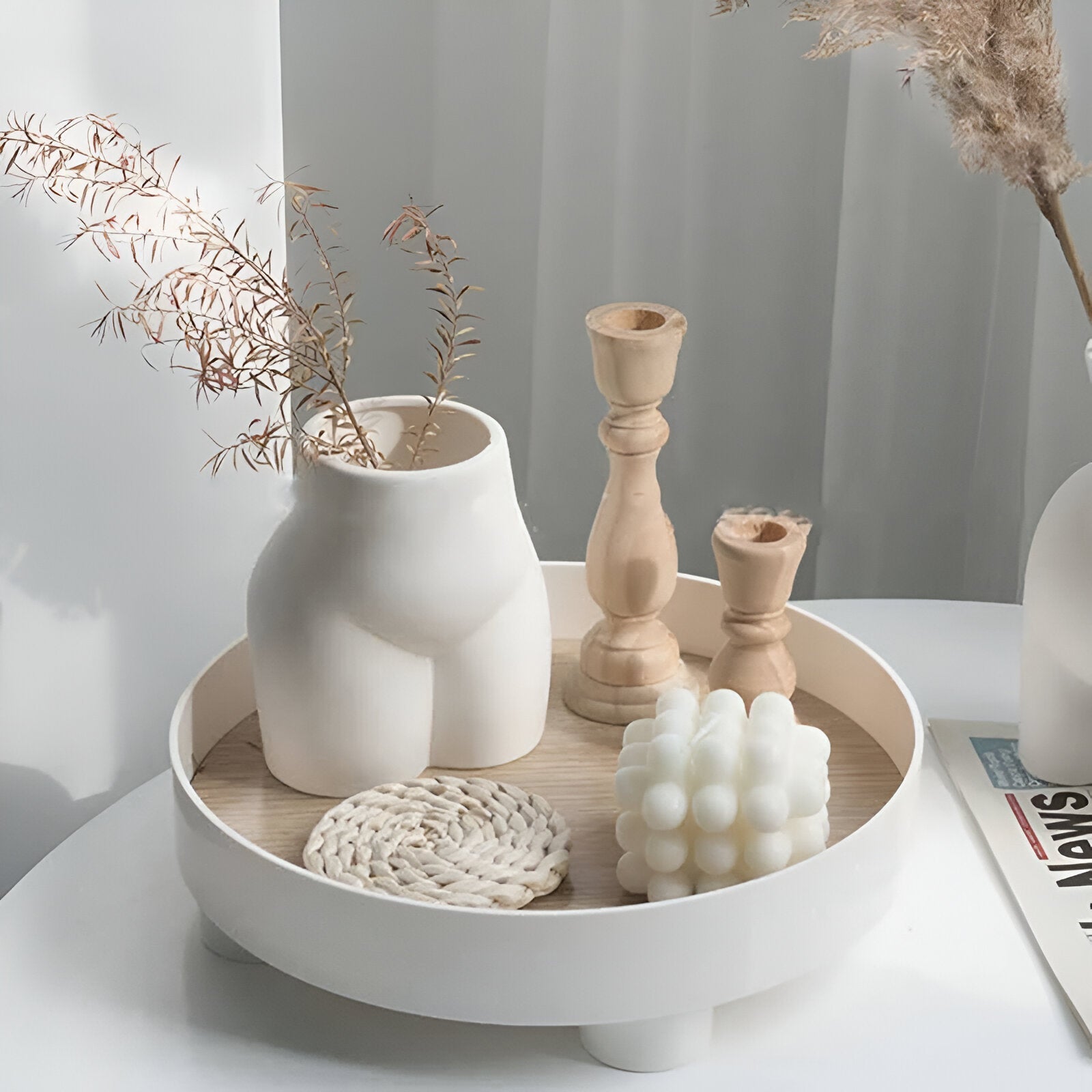 BowLift | Round Serving Tray - Decorative Tray Made of Wood - White Tray Made of Ceramic